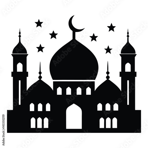 Simple Silhouette of a Majestic Mosque with Stars