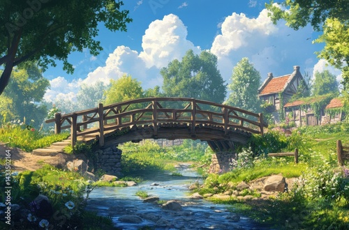 A rustic wooden bridge over a small stream, connecting