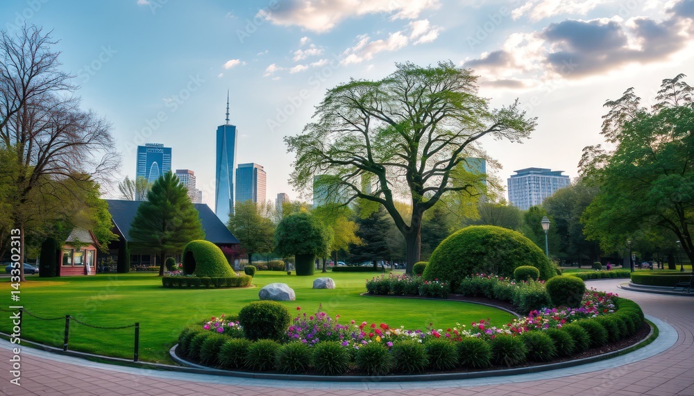 Naklejka premium City park at sunrise. Lush gardens, manicured lawns, and skyscrapers in the background
