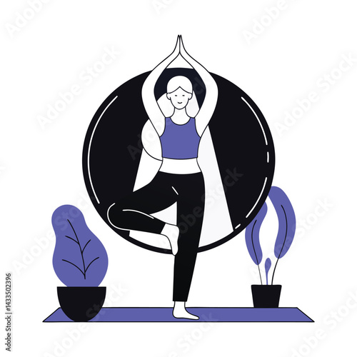 Woman practicing yoga tree pose in a studio with hoop.