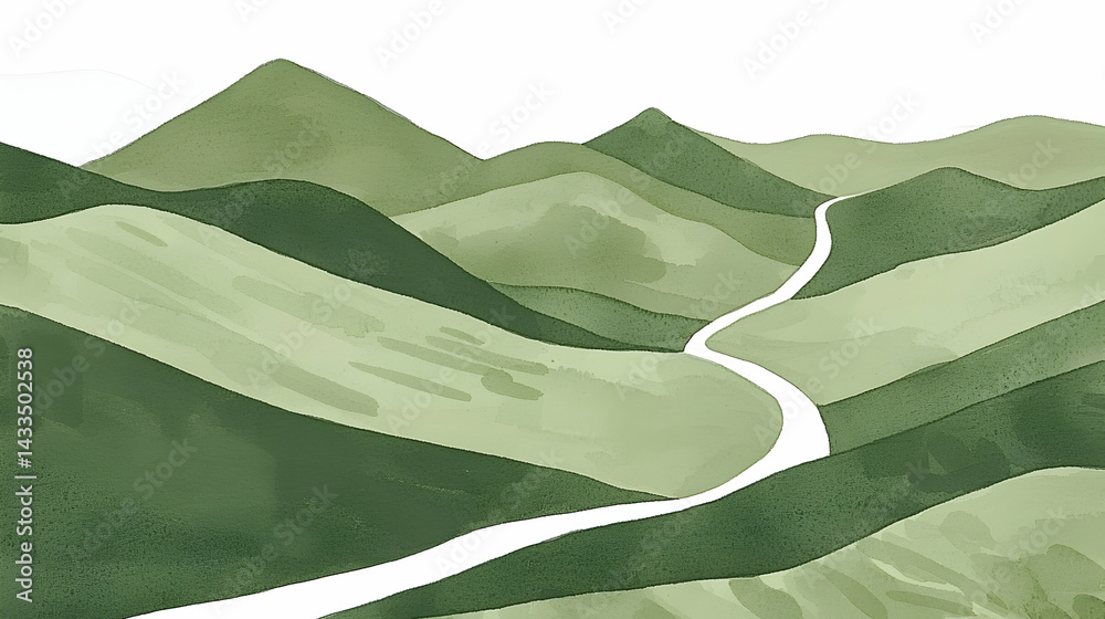 Winding mountain road journey through green hills, scenic landscape for travel brochures