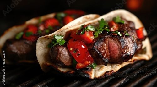 Grilled beef tacos with salsa.  Freshly grilled beef tacos, topped with vibrant salsa and fresh cilantro.  Served on warm tortillas.  Perfect for a quick and delicious meal