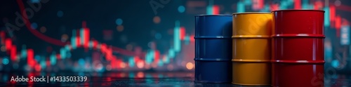 Oil barrels stacked with fluctuating stock market chart backdrop, oil, investment, economy