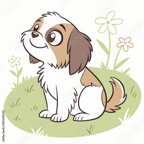 Cartoon Dog Sitting on Green Grass with Flowers, Cute Animal Character
