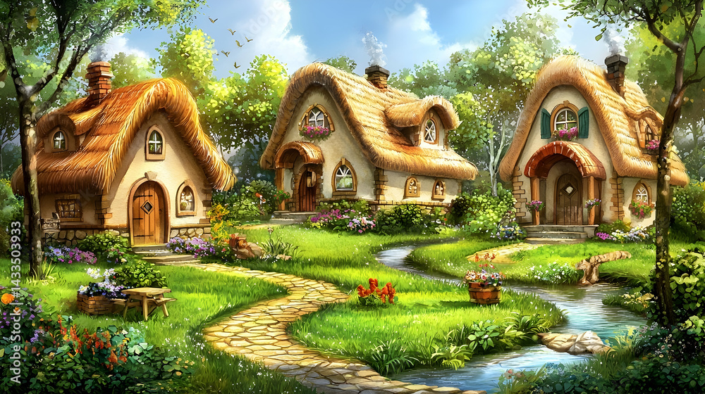 Cute fairytale village nestled in a green valley; charming houses with thatched roofs; sunny day; perfect for children's book illustration