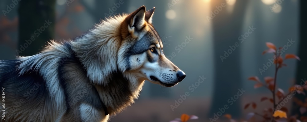 Obraz premium Profile view of lone gray wolf with thick fur, predator, animal, wildlife