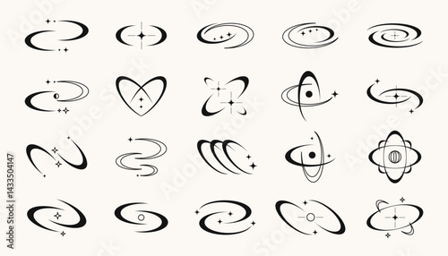 Retro y2k symbols and shapes, futuristic abstract frames and symbols with blinking stars. Vector design elements set.