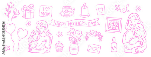 Hand drawn Mother's Day celebration set with mom and child, flowers, gifts, and love elements