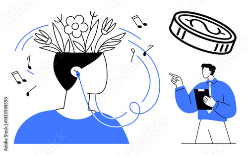 Person wearing earphones with blooming flowers symbolizing creativity, scattered music notes representing inspiration, man pointing at financial discussion surrounded by conceptual ideas. Ideal