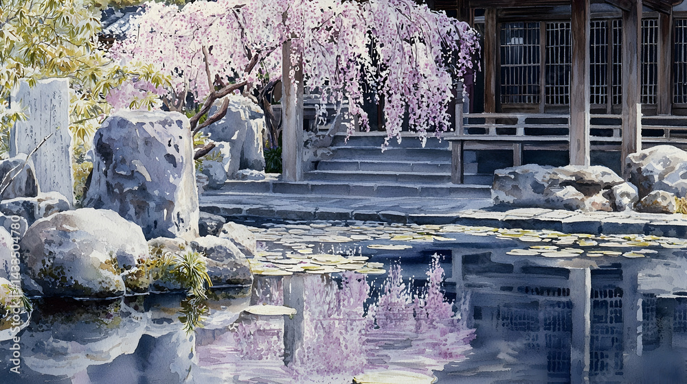 Serene Japanese garden with blooming cherry blossoms reflected in a pond, near a traditional structure. Perfect for travel brochures or meditation guides
