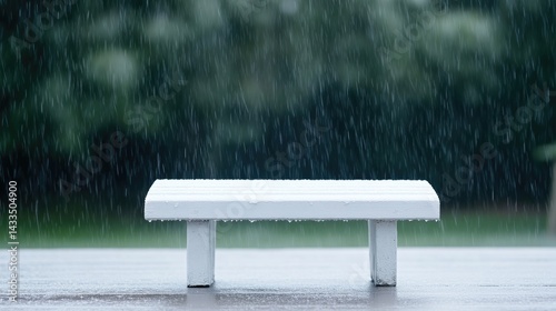 Empty white park bench in a rainstorm