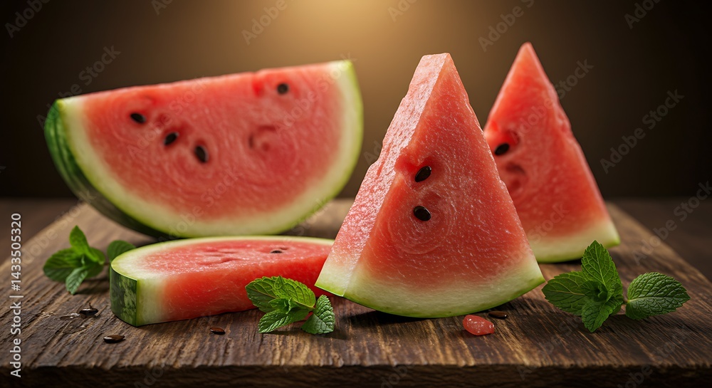 Watermelon Slices on Wooden Board with Mint Ready to Eat Watermelon Slices on Wooden Board with Mint Ready to Eat