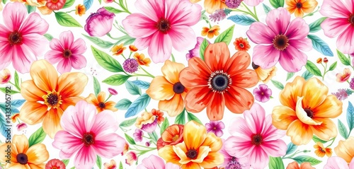 Delicate watercolor floral pattern, vibrant summer blooms, seamless repeat, copy space, print, texture