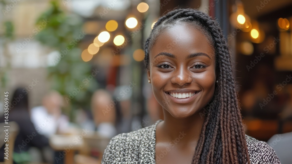 Obraz premium Black young adult smiles warmly, radiating joy, positivity, connection, well-being, and confidence.