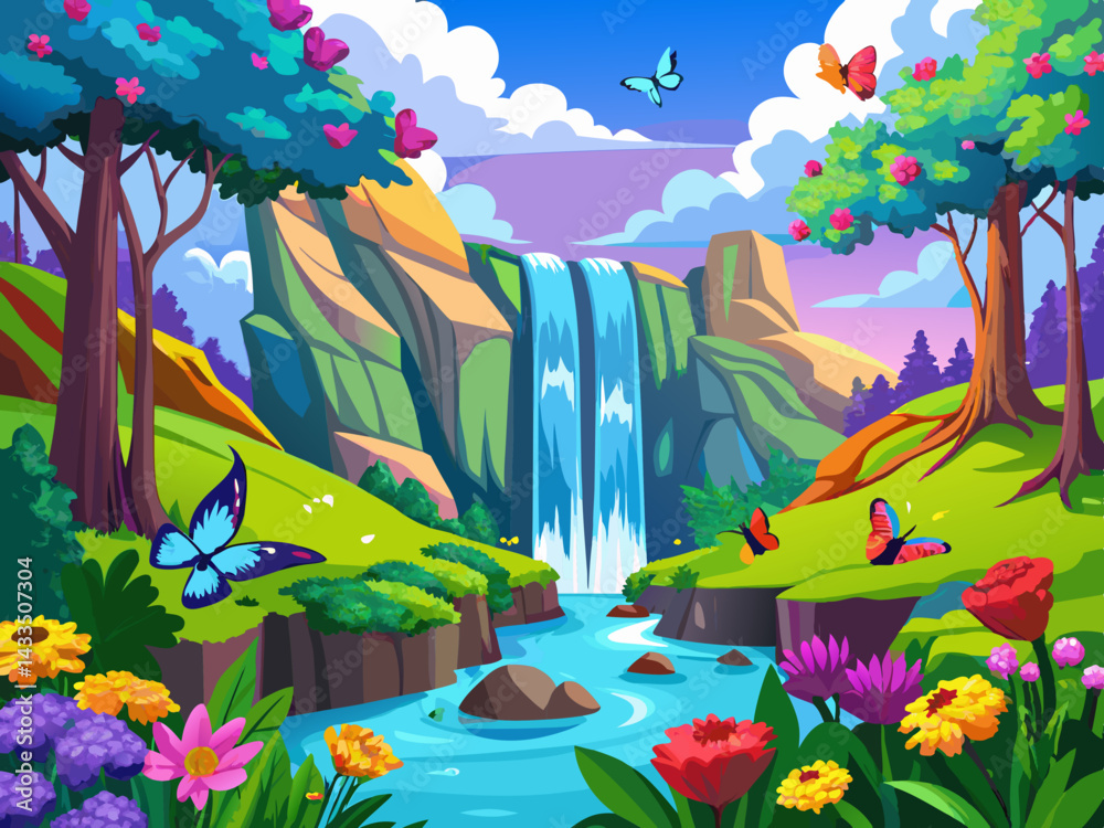 Fototapeta premium vector of A beautiful spring landscape with a large waterfall and the play of butterflies on red and blue flowers