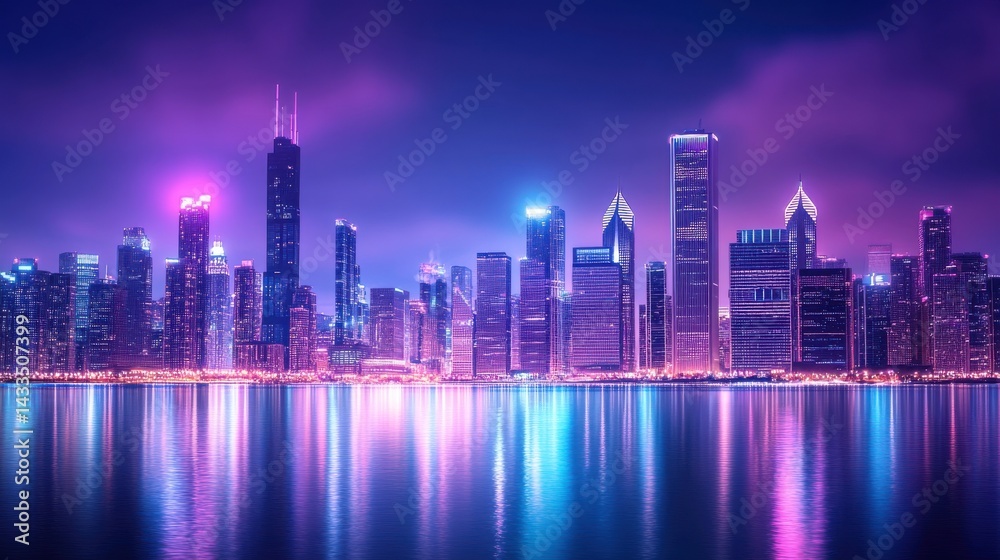 Fototapeta premium Cyberpunk Futuristic City Skyline with Neon Glow