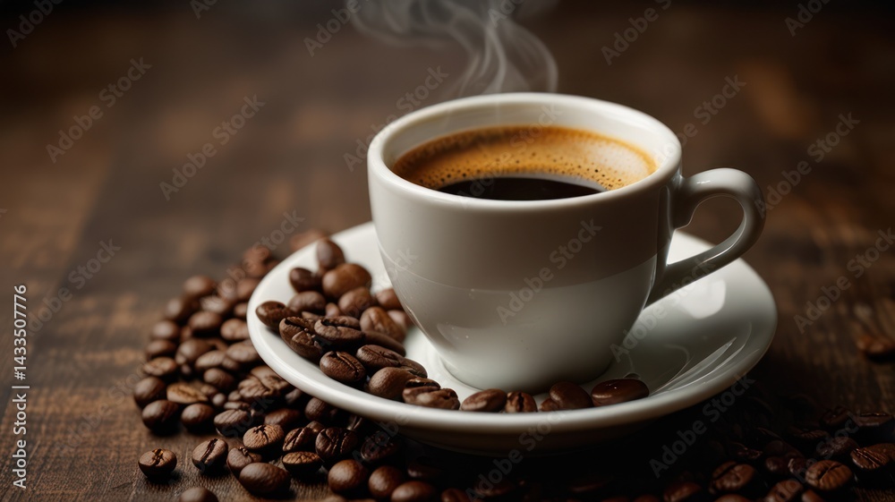 Steaming espresso cup on saucer with coffee beans, wooden table background, breakfast drink Steaming espresso cup on saucer with coffee beans, wooden table background, breakfast drink