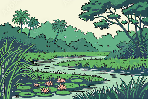 71 Lush wetland landscape, small pond surrounded by water lilies, dense green vegetation, tropical marsh, vibrant ecosystem, natural habitat, serene wilderness, aquatic plants, verdant foliage, humid 