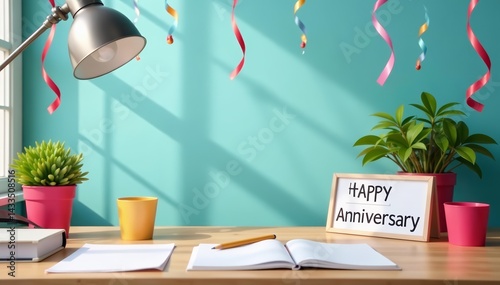 Desk adorned with streamers, confetti, and happy work anniversary sign, anniversary, joyful