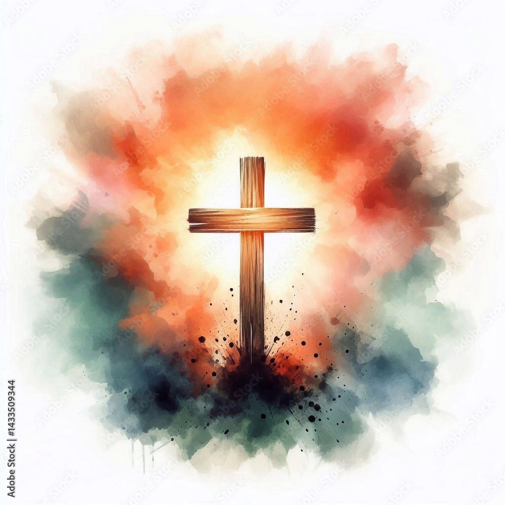 Watercolor paint Cross – Christian Hope and Resurrection Concept. AI generated illustration
