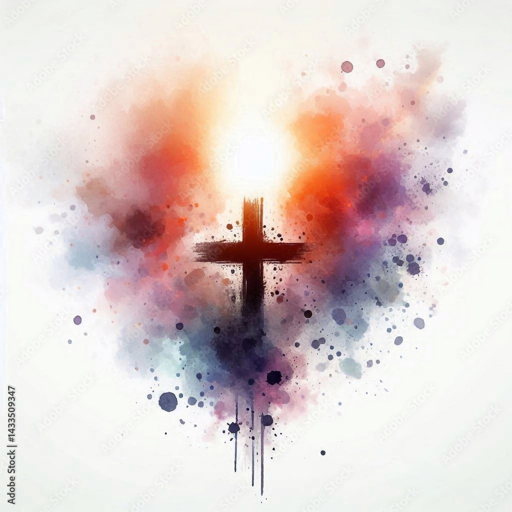 Watercolor paint Cross – Christian Hope and Resurrection Concept. AI generated illustration