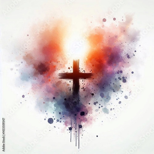 Obraz na płótnie Watercolor paint Cross – Christian Hope and Resurrection Concept. AI generated illustration w salonie