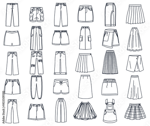 30 set of underwear. 30 vector illustration underwear for women and men style line icons: pants, cargo, jeans, trousers, jogger, shorts, bootcut, flare, ripped, skirt, long skirt, short skirt