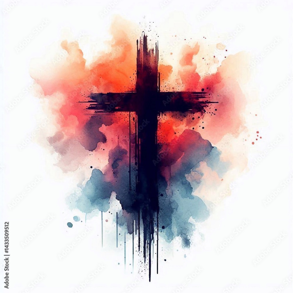 Watercolor paint Cross – Christian Hope and Resurrection Concept. AI generated illustration