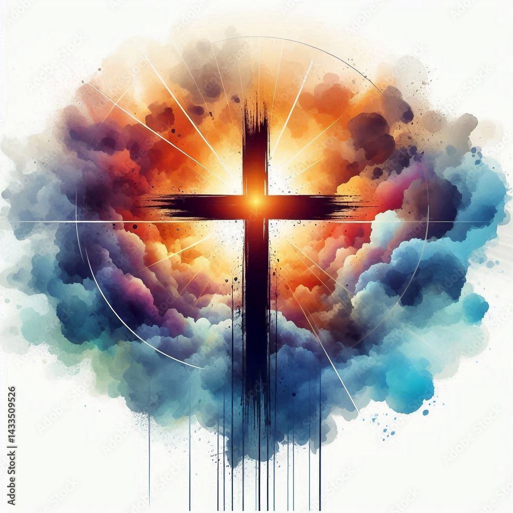 Watercolor paint Cross – Christian Hope and Resurrection Concept. AI generated illustration