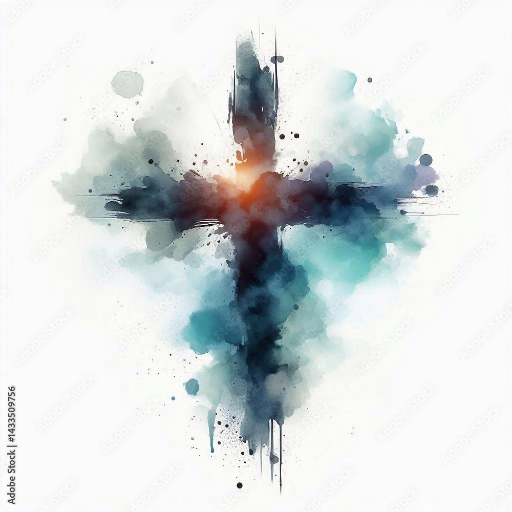 Watercolor paint Cross – Christian Hope and Resurrection Concept. AI generated illustration