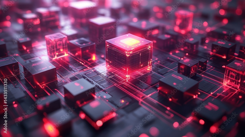 Abstract red glowing cubes on circuit board. Abstract red glowing cubes on circuit board.