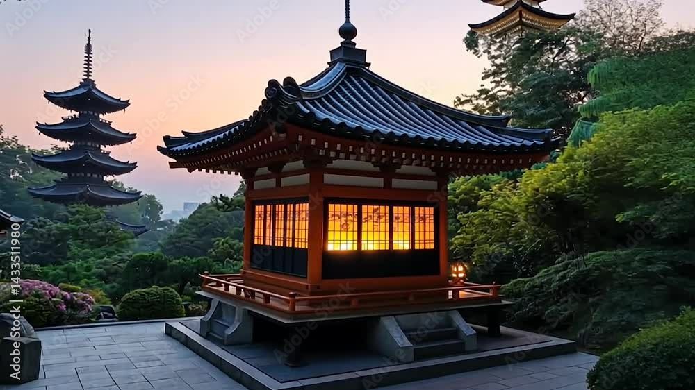Japanese garden scene featuring a traditional structure illuminated by soft interior light. Surrounded by lush greenery and two additional structures under a twilight sky Japanese garden scene featuring a traditional structure illuminated by soft interior light. Surrounded by lush greenery and two additional structures under a twilight sky