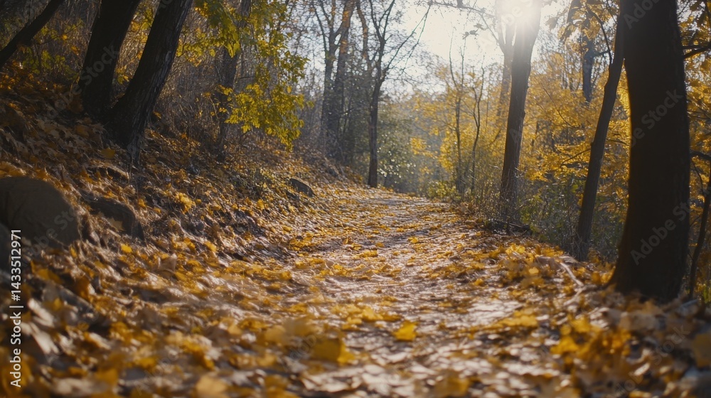 Fototapeta premium Golden autumn leaves covering a forest path