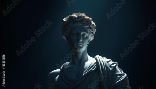 Dramatic chiaroscuro illuminates a classical marble statue, laurel-crowned , victory, torso photo