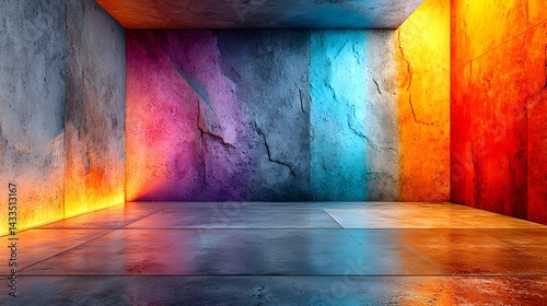 A minimalist futuristic scene featuring a raw cement wall with neon-style glow lighting and an empty reflective floor, evoking a sci-fi atmosphere.