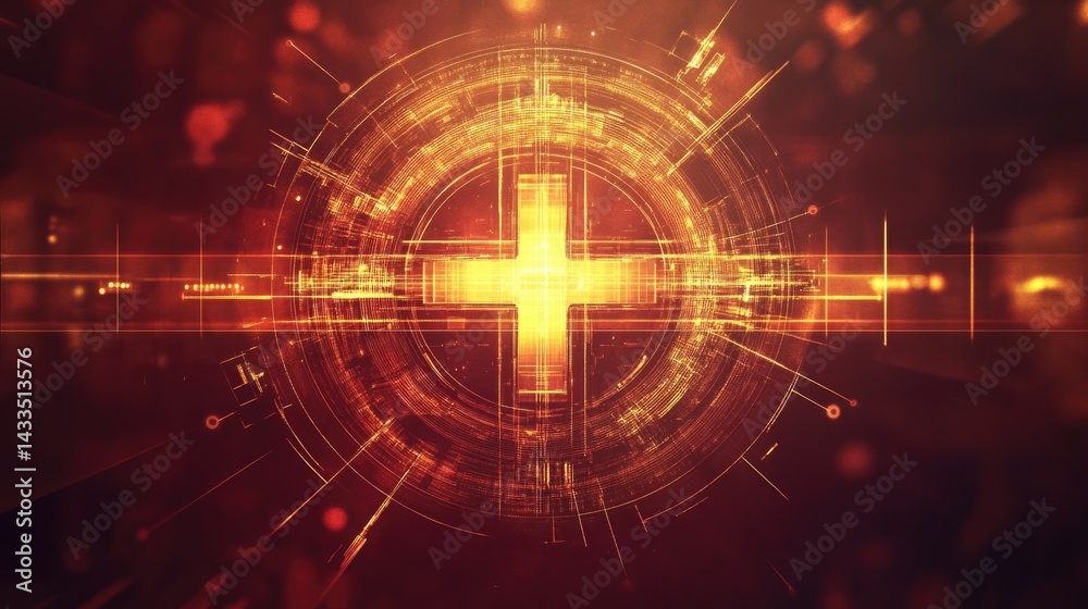 Obraz premium Glowing golden digital cross with futuristic teal grid pattern in dark space