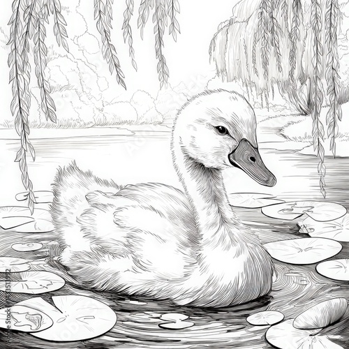 Detailed line art of a swan swimming in a pond with lily pads, nature tranquility concept. Perfect for coloring books, relaxation art.