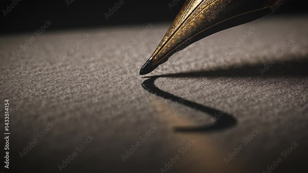 Close-up of a golden fountain pen tip gracefully writing on textured paper, capturing precision and elegance in the act of writing.