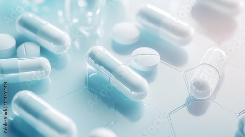  Close up of medical pills and capsules on hexagonal background with blue tone