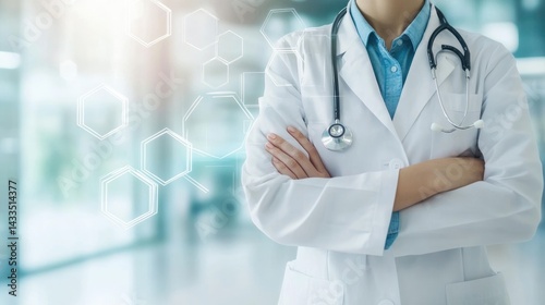 Wallpaper Mural Medical professional doctor in white coat with stethoscope against soft bokeh light background with blurred bright hospital Torontodigital.ca