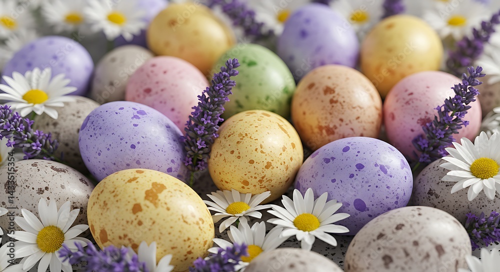 Obraz premium Colorful Speckled Eggs with Daisies and Lavender