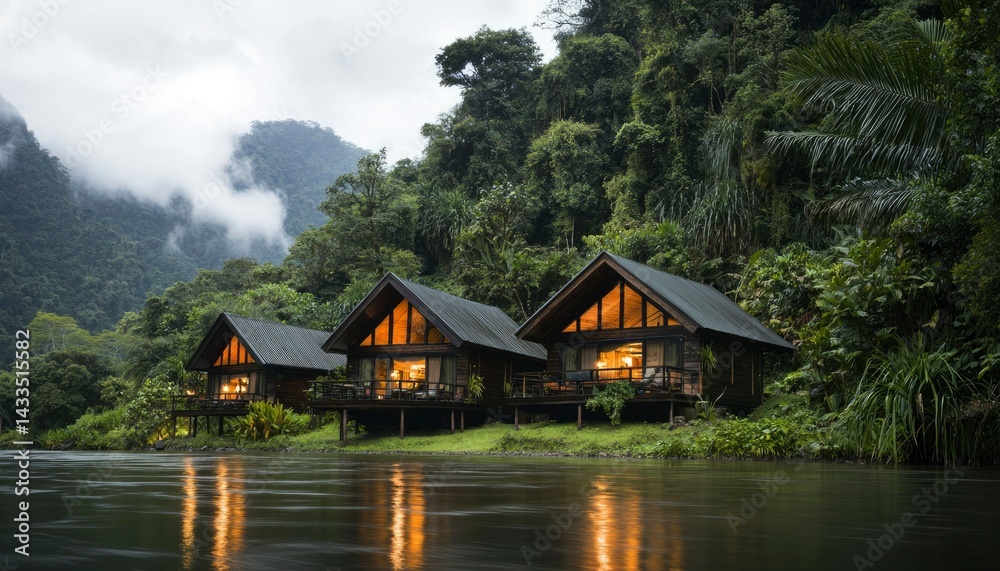 Tranquil jungle cabins by river Tranquil jungle cabins by river