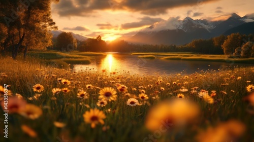 Sunset over a meadow with wildflowers