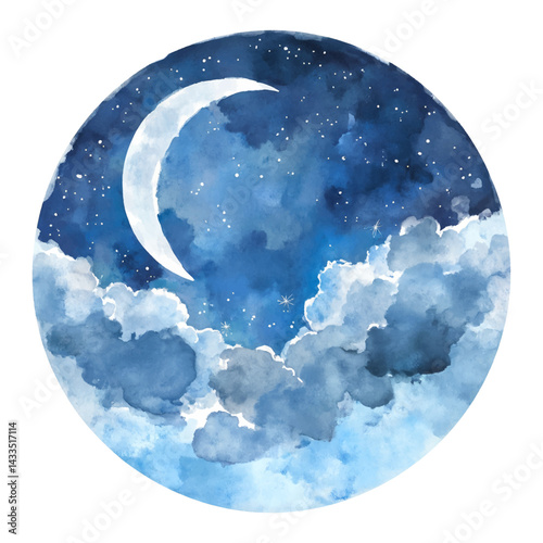 Crescent Moon in the Night Sky with Clouds Isolated Hand Drawn Watercolor Painting Illustration