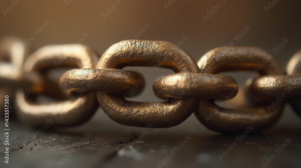 Obraz premium Closeup of Bronze Metal Chain on Wooden Surface with Shallow Depth of Field – Symbol of Strength, Connection and Stability