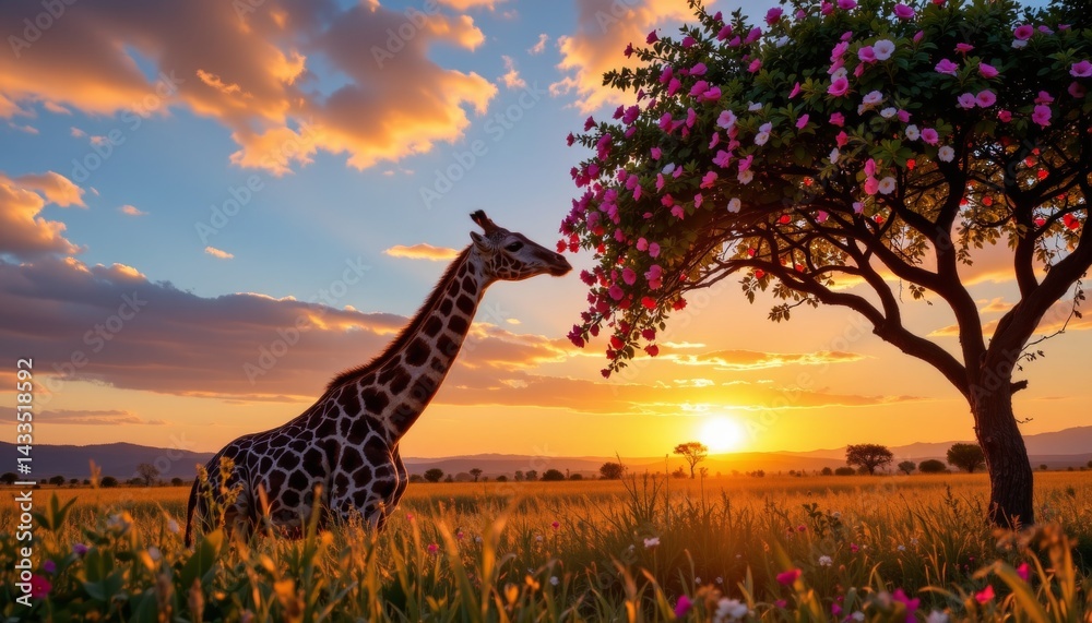Fototapeta premium Giraffe Reaching for Blossoms at Sunset