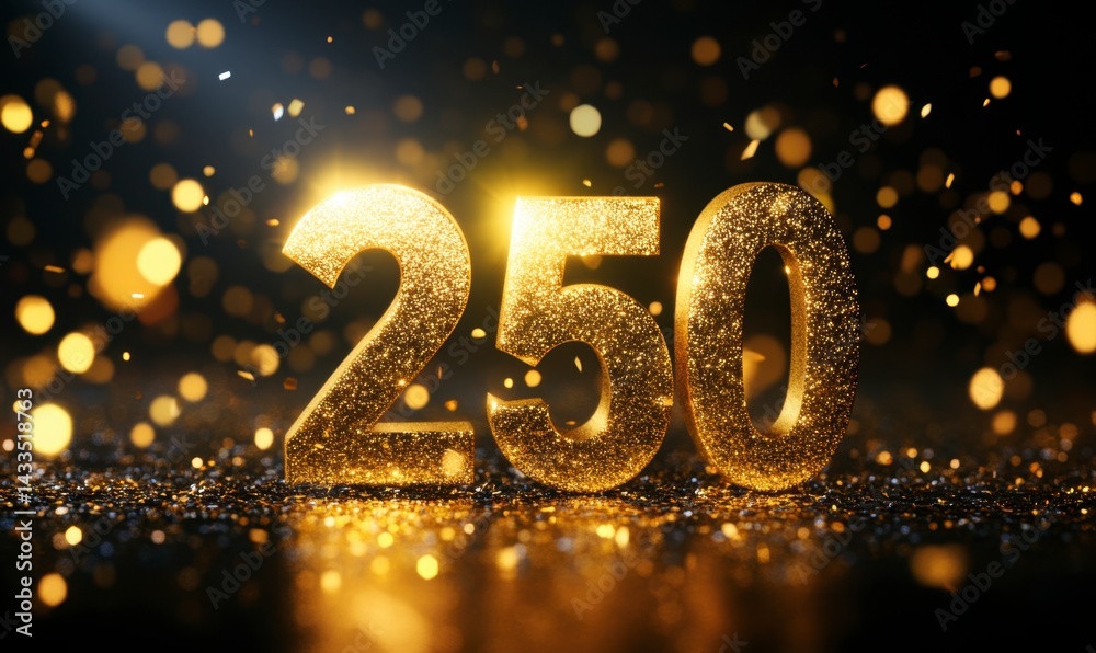 Sparkling Golden Number 250 on Dark Background with Glittering Lights Sparkling Golden Number 250 on Dark Background with Glittering Lights