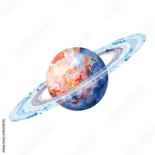 Uranus Like Planet with Rings Space Body Isolated Hand Drawn Watercolor Painting Illustration
