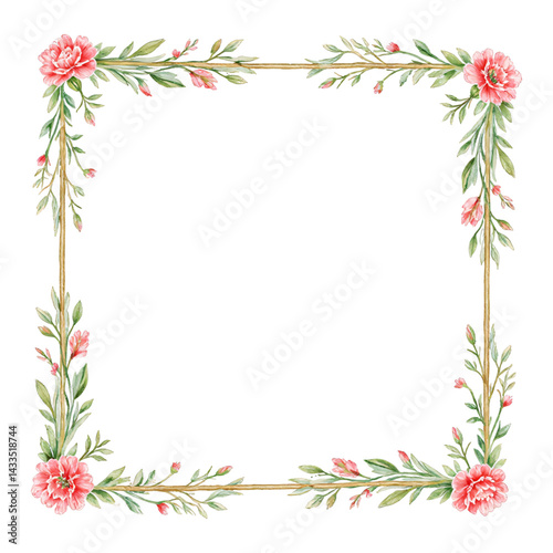 Vintage Square Frame made of Pink Carnation Flowers Isolated Hand Drawn Watercolor Painting Illustration