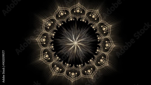 Abstract Islamic event shiny rays mandala motion overlay glowing golden light effect spiritual festival background for Eid Ramadan celebration religious decorative design